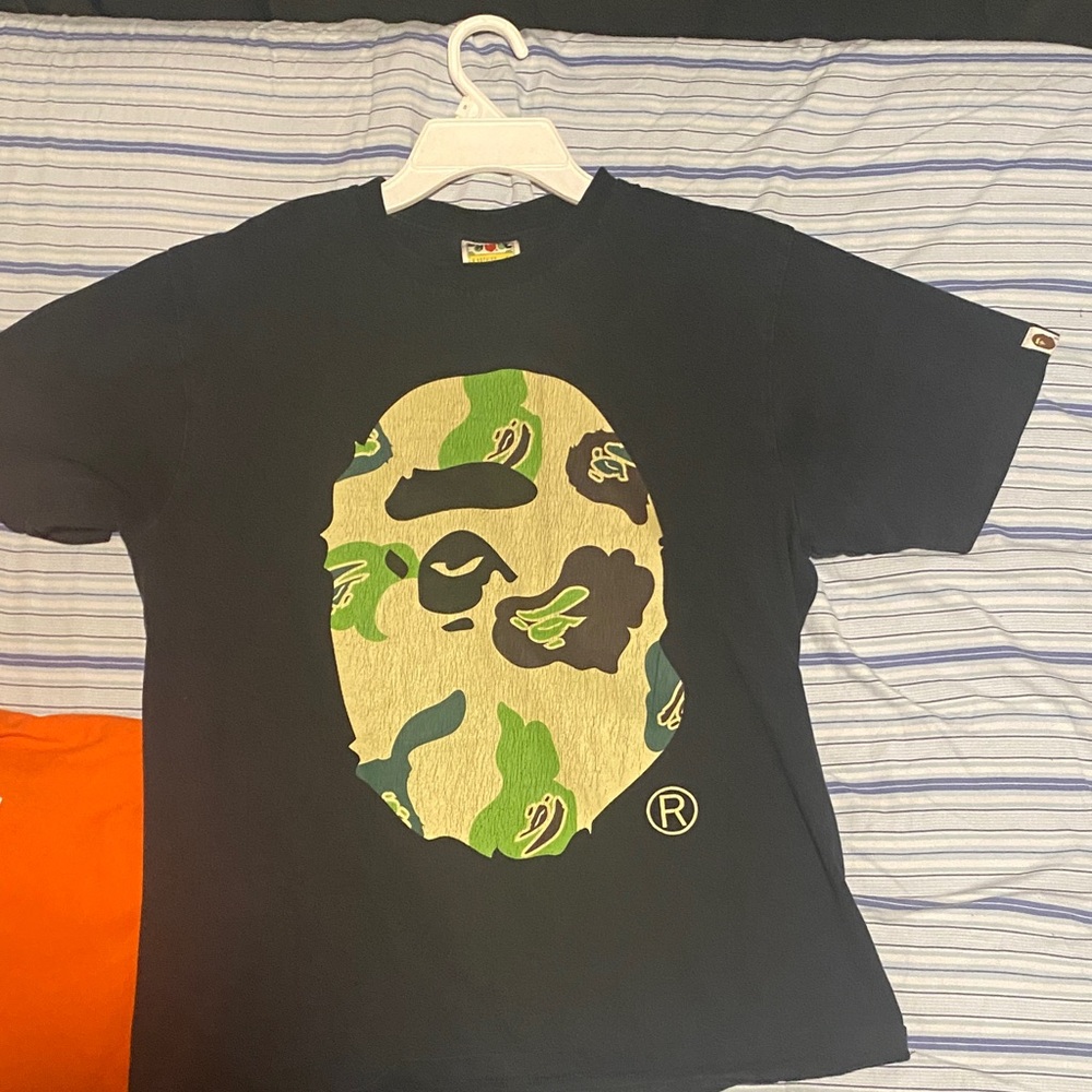Bape Black Tee with Green and Cream Camo Logo